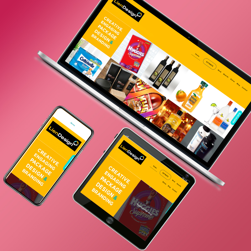 Image of a laptop, tablet and mobile displaying Lien Design's homepage