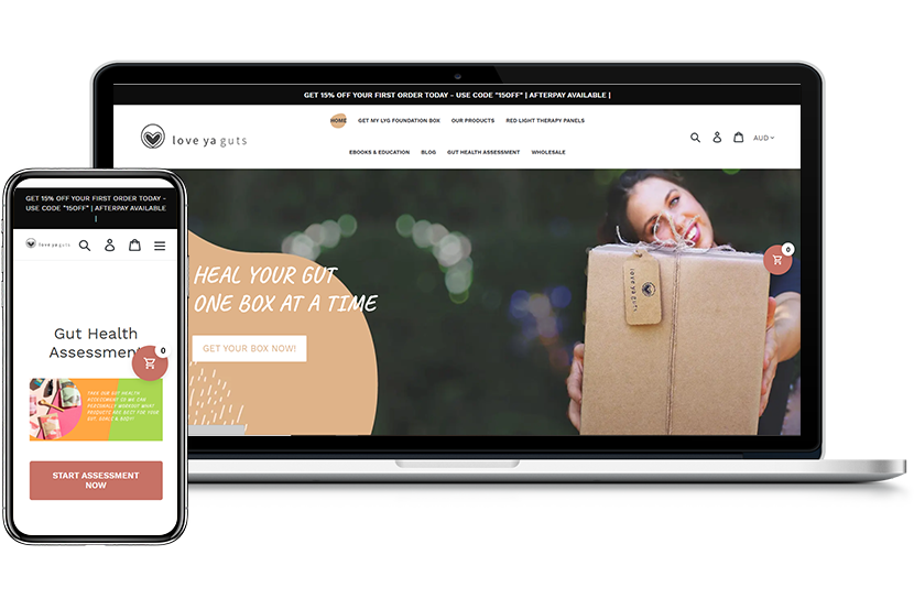Image of a laptop and mobile displaying Love Ya Guts Box's homepage