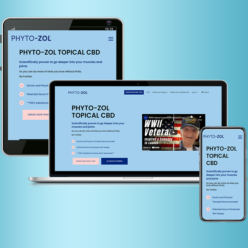 Image of a laptop, tablet and mobile displaying Phytozol's homepage